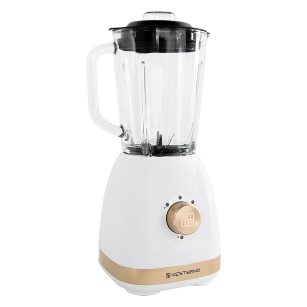 West Bend Timeless 5 Speed Multi-Function Blender, 48 oz Glass Jar, with Travel Cup, in White/Gold