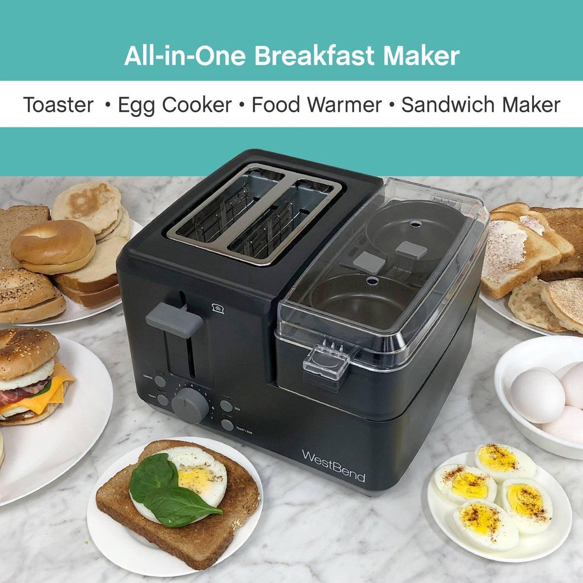 West Bend Multifunctional Breakfast Station, 2-Slice Toaster with Egg  Cooker and Meat Warmer, in Black (78500)