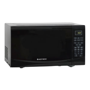 Black West Bend microwave oven front view with keypad and display