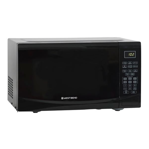 Black West Bend microwave oven front view with keypad and display