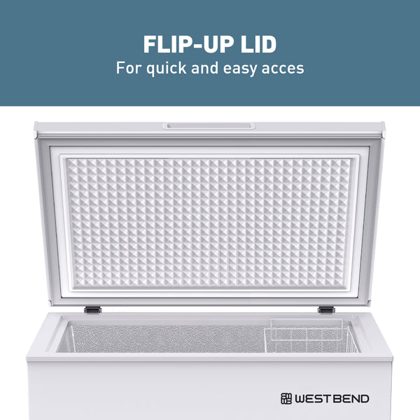 Chest freezer with open lid showing textured interior liner and raised basket