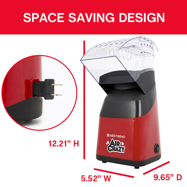 Compact red air popcorn machine with power plug shown