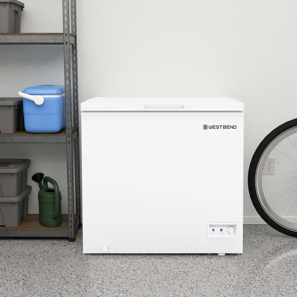White chest freezer with closed lid and control panel, compact chest design