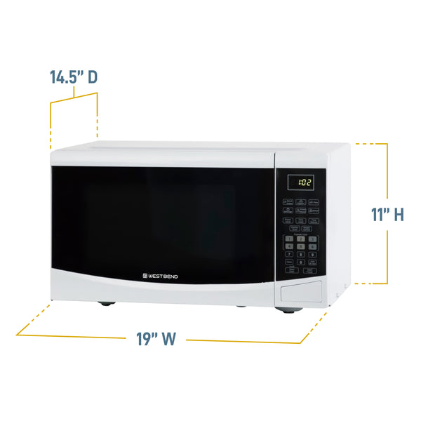 White microwave oven front with dimension callouts around unit