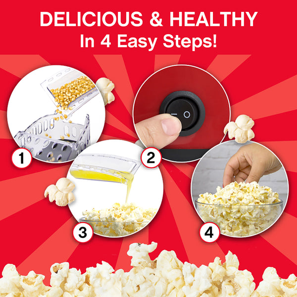 Air popcorn machine with hand pressing the round control and popcorn ready