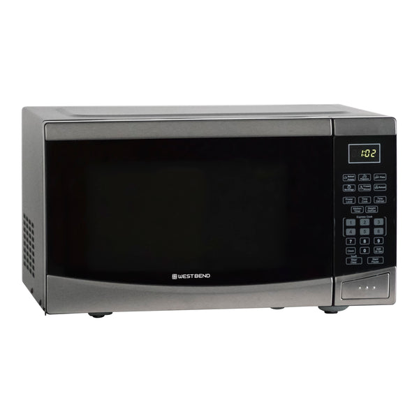 Stainless and black microwave oven front view with keypad and display