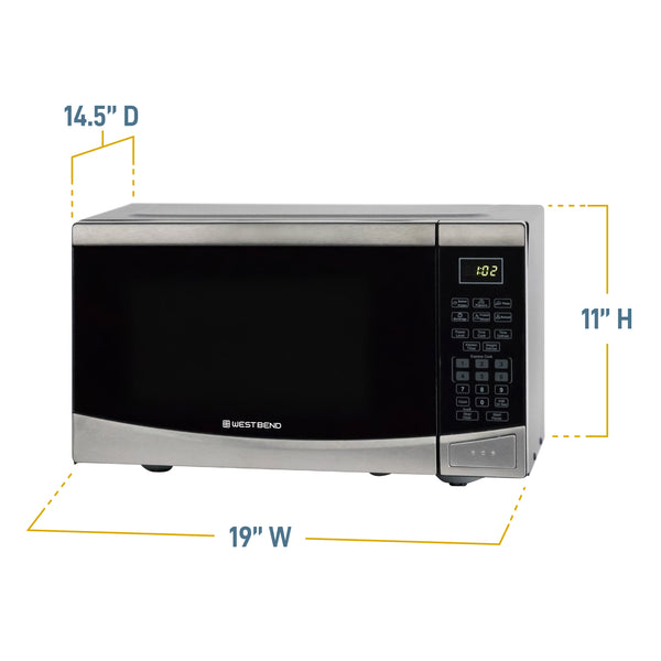 Microwave oven with height and width measurement callouts
