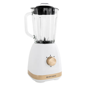 West Bend Timeless 5 Speed Multi-Function Blender, 48 oz Glass Jar, with Travel Cup, in White/Gold