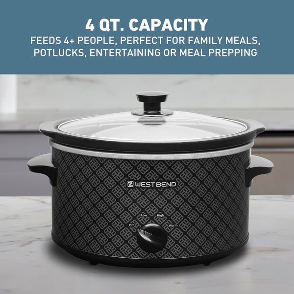 Black patterned slow cooker with clear glass lid, black knob, and front temperature dial