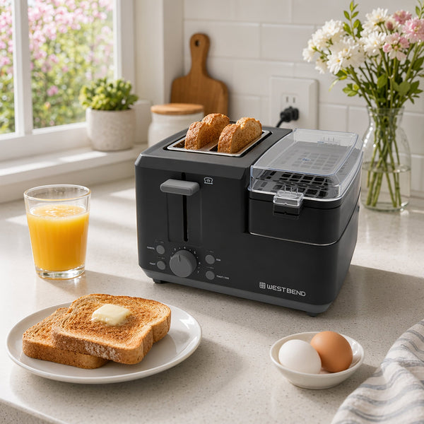 West Bend Multifunctional Breakfast Station 2-Slice Toaster with Egg Cooker and Meat Warmer - West Bend