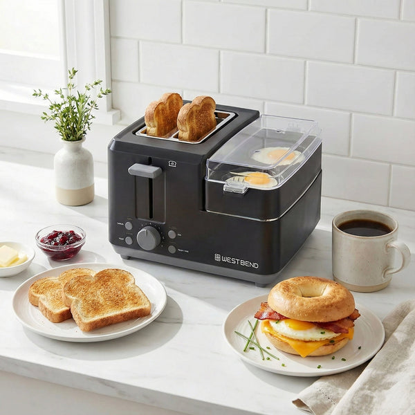West Bend Multifunctional Breakfast Station 2-Slice Toaster with Egg Cooker and Meat Warmer - West Bend