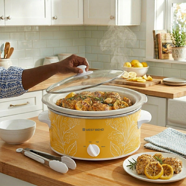 West Bend Pattern Slow Cooker, 4 Qt. Capacity in Yellow and White - West Bend