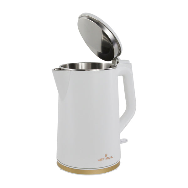 West Bend electric kettle, white with open lid and stainless interior