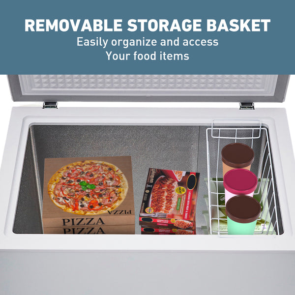 Chest freezer open with gray interior, wire divider basket, pizza and snacks inside
