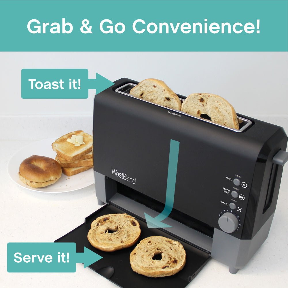West Bend 77222 2 Slice Toaster QuikServe Wide Slot Slide Through with  Bagel and Gluten-Free Settings and Cool Touch Exterior In